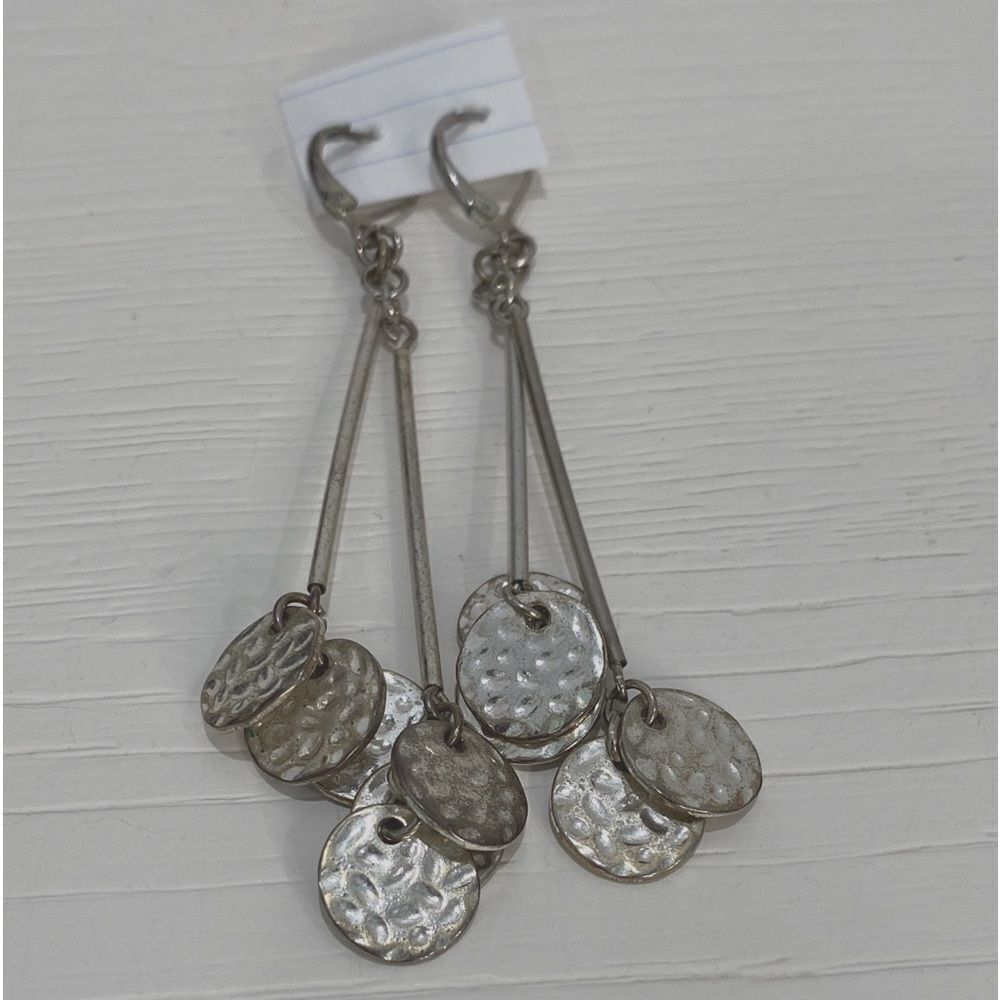 Silver Tone Drop Dangle Hammered Round Disk Earri… - image 3